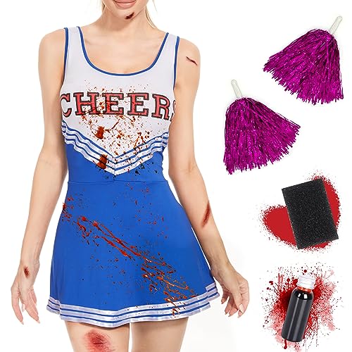 FORMIZON Zombie Cheerleader Kostüm, Horror Cheerleader Zombiekostüm, Cheerleader Kostüm Damen mit Pompoms und Kunstblut, Halloween Kostüm Erwachsene für Mädchen Halloween Carnival Cosplay (Blau, S) von FORMIZON