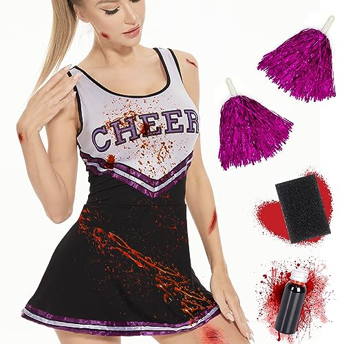 FORMIZON Zombie Cheerleader Kostüm, Horror Cheerleader Zombiekostüm, Cheerleader Kostüm Damen mit Pompoms und Kunstblut, Halloween Kostüm Erwachsene für Mädchen Halloween Carnival Party Cosplay (M) von FORMIZON