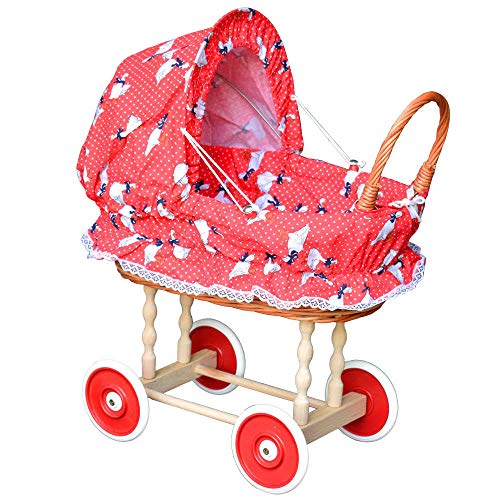 FORYOURPROTECTION Puppenwagen aus Weide Holz Weidenwagen Kinderwagen Weidenpuppenwagen Verschieden Motive (ROT | mit Gänschen) von FORYOURPROTECTION