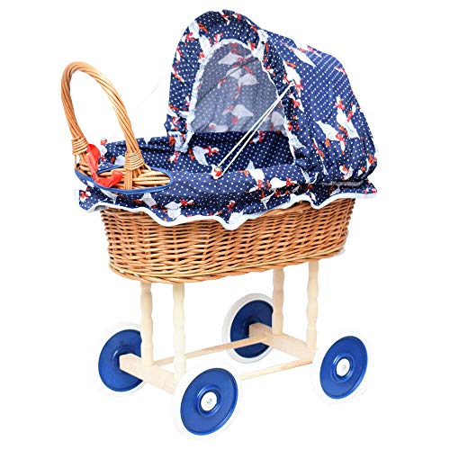 FORYOURPROTECTION Puppenwagen aus Weide Holz Weidenwagen Kinderwagen Weidenpuppenwagen Verschieden Motive (DUNKELBLAU | mit Gänschen) von FORYOURPROTECTION