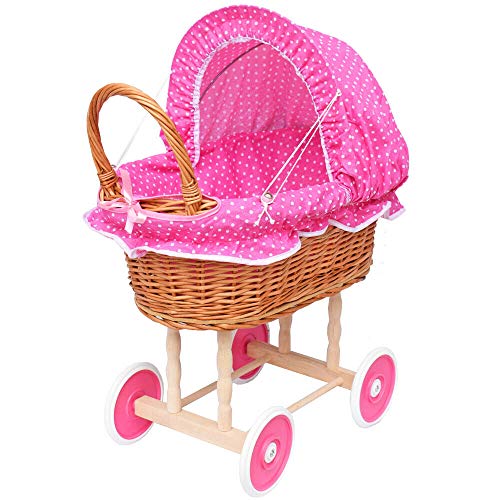 FORYOURPROTECTION Puppenwagen aus Weide Holz Weidenwagen Kinderwagen Weidenpuppenwagen Verschieden Motive (ROSA | mit Punkten) von FORYOURPROTECTION