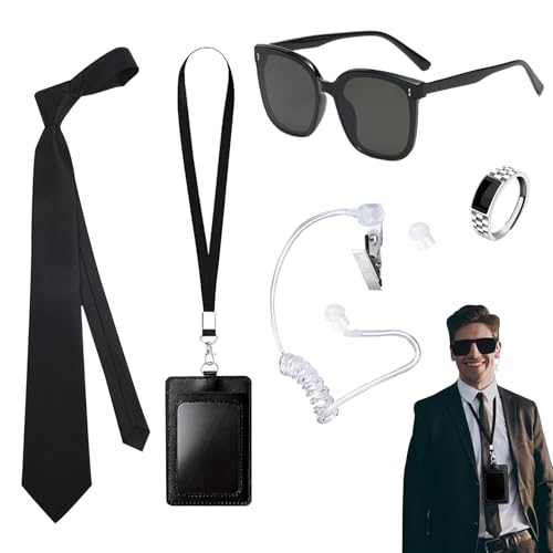 FOSDICK 5 Stück Agent Kostüm Zubehör, Geheimdienst Kostüm Set Spion Kostüm Zubehör, Agenten Kostüm, Geheimagent Kostüm, Mib Kostüm mit Sonnenbrille, Krawatte Hörer ID Karte für Cosplay Party von FOSDICK