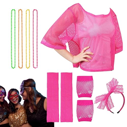 FOUNCY 80er-Jahre-Kostüm-Zubehör-Set, Party-Kostüm für Mädchen, 1980er-Jahre, Retro-Motto-Party-Outfits, Neon-T-Shirt, Kostümzubehör, Zubehör-Set für Party von FOUNCY