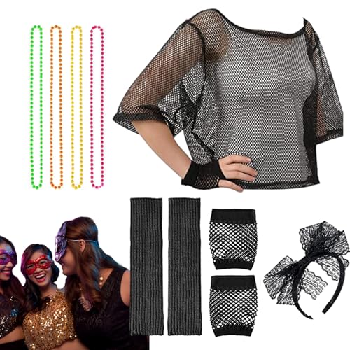 FOUNCY 80er-Jahre-Party-Kostüm für Mädchen, 1980er-Jahre-Stil, Retro-Motto-Party-Outfits, Neon-T-Shirt, Kostümzubehör, Zubehör-Set für Party von FOUNCY