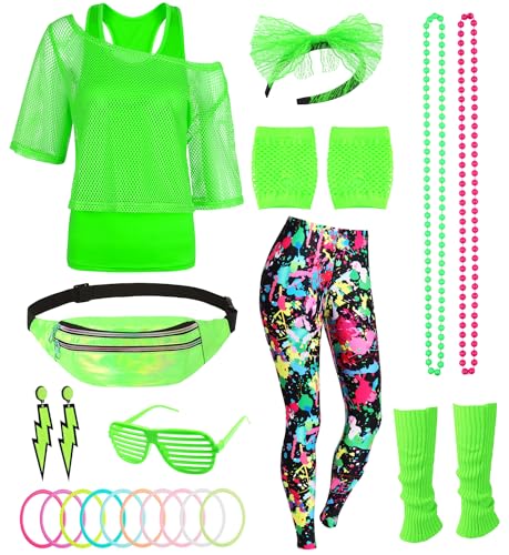 80er 90er Jahre Outfit Damen Netzshirt, Tank top, Leggins, Netzhandschuhe, Bauchtasche, Haarband, Ohrring, Armband, Halskette, 80iger Kostüm Zubehör Neon Kleidung 80s Aerobic Bad Taste Outfit FR040L von FOVER