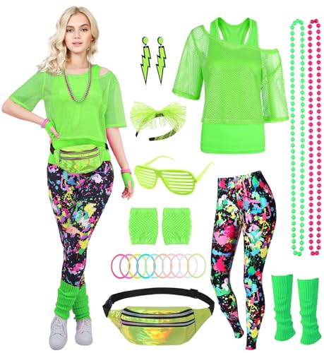 80er 90er Jahre Outfit Damen Netzshirt, Tank top, Leggins, Netzhandschuhe, Bauchtasche, Haarband, Ohrring, Armband, Halskette, 80iger Kostüm Zubehör Neon Kleidung 80s Aerobic Bad Taste Outfit FR040XL von FOVER