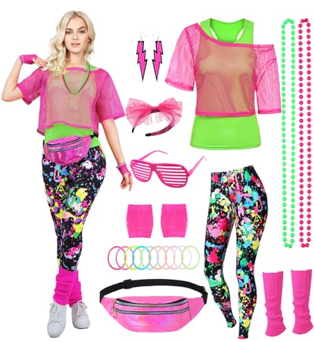 80er 90er Jahre Outfit Damen Netzshirt, Tank top, Leggins, Netzhandschuhe, Bauchtasche, Haarband, Ohrring, Armband, Halskette, 80iger Kostüm Zubehör Neon Kleidung 80s Aerobic Bad Taste Outfit FR042M von FOVER