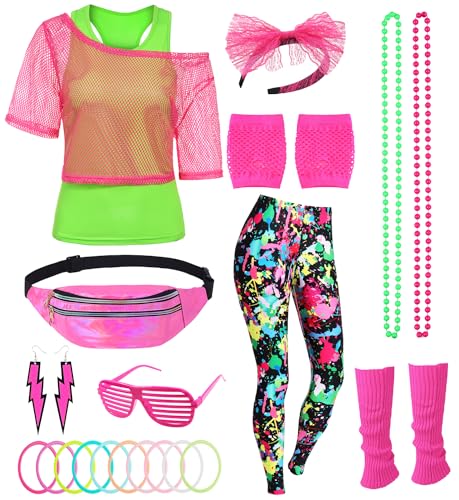 80er 90er Jahre Outfit Damen Netzshirt, Tank top, Leggins, Netzhandschuhe, Bauchtasche, Haarband, Ohrring, Armband, Halskette, 80iger Kostüm Zubehör Neon Kleidung 80s Aerobic Bad Taste Outfit FR042M von FOVER