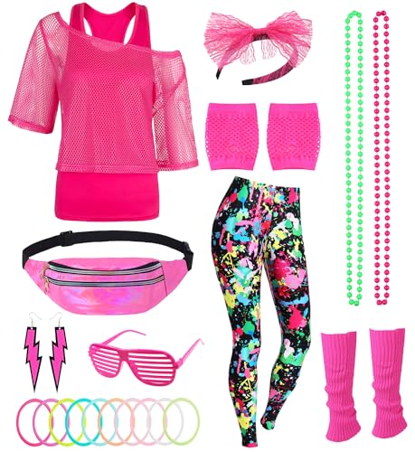 80er 90er Jahre Outfit Damen Netzshirt, Tank top, Leggins, Netzhandschuhe, Bauchtasche, Haarband, Ohrring, Armband, Halskette, 80iger Kostüm Zubehör Neon Kleidung 80s Aerobic Bad Taste Outfit FR039M von FOVER