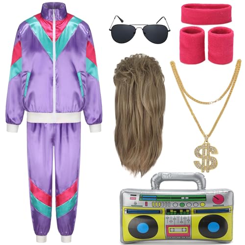 80er Jahre Outfit Herren Damen Kostüm Trainingsanzug Pop Art Retro Stil Kostüm Zubehör set mit Aufblasbares Radio Sonnenbrille Halskette Schweißband Mottoparty Fasching Bad Taste Outfit Lila 028L von FOVER