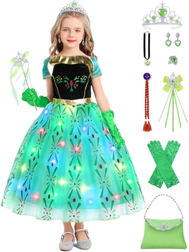 Anna Kostüm Mädchen Kinder Eiskönigin Kostüm Prinzessin Anna Kostüm Kleid mit Licht Anna und Elsa Märchen Cosplay Outfit Faschingskostüm für Karneval Geburtstagsfeiern mit Krone Handschuhe 66XXL von FOVER