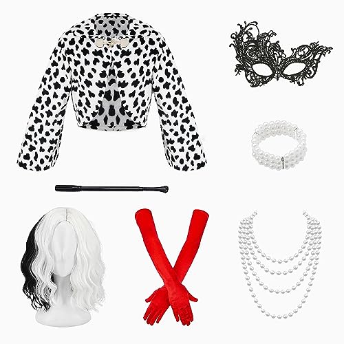 Cruella Devil Kostüm Damen Fasching Dalmatiner Kostüm Cruella Deville Mantel mit Schal Deluxe Zubehör Perücke Handschuhe Perlenkette 1920er Kleider Mädchen Halloween Mottoparty Karneval FR046L von FOVER