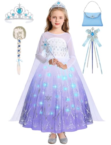 Elsa Kostüm Mädchen Prinzessin Elsa Kleid mit Licht Faschingskostüme Elsa und Anna Cosplay Outfit Verkleidung für Karneval Halloween Geburtstag Party mit Krone Handschuhe Zopf Handtasche 067XXL von FOVER