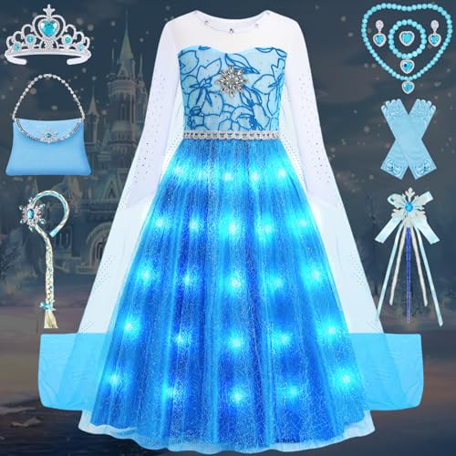 Elsa Kostüm Mädchen Prinzessin Kleid Set Kinder Eiskönigin Kostüme Faschings Fastnacht Geburtstag Eisprinzessin Verkleidung Cosplay Party Blau Outfits mit Zubehör Zauberstab Krone Perücke FR064XL von FOVER