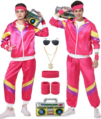 FOVER 80er Jahre Outfit Herren Damen 80er 90er Kostüm Trainingsanzug Pop Art Retro Stil Zubehör set mit 80er Aufblasbares Radio Sonnenbrille Halskette Schweißband Mottoparty Rosa FR014LA von FOVER