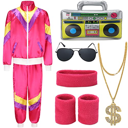 FOVER 80er Jahre Outfit Herren Damen 80er 90er Kostüm Trainingsanzug Pop Art Retro Stil Zubehör set mit 80er Aufblasbares Radio Sonnenbrille Halskette Schweißband Mottoparty Rosa FR014XXXL von FOVER