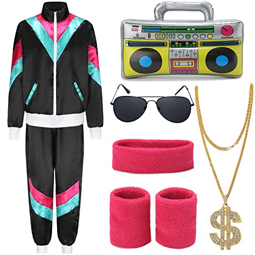 FOVER 80er Jahre Outfit Herren Damen 80er 90er Kostüm Trainingsanzug Pop Art Retro Stil Zubehör set mit 80er Aufblasbares Radio Sonnenbrille Halskette Schweißband Mottoparty Schwarz FR015XXXL von FOVER