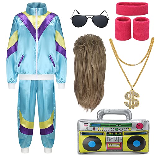 FOVER 80er Jahre Outfit Herren Damen 80er 90er Kostüm Trainingsanzug Pop Art Retro Stil Zubehör set mit 80er Perücke Aufblasbares Radio Sonnenbrille Halskette Schweißband Mottoparty Blau FR009XXXL von FOVER