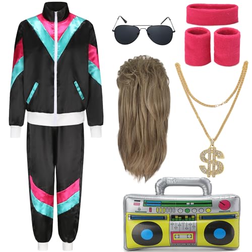 FOVER 80er Jahre Outfit Herren Damen 80er 90er Kostüm Trainingsanzug Pop Art Retro Stil Zubehör set mit 80er Perücke Aufblasbares Radio Sonnenbrille Halskette Schweißband Mottoparty Schwarz FR027XXXL von FOVER