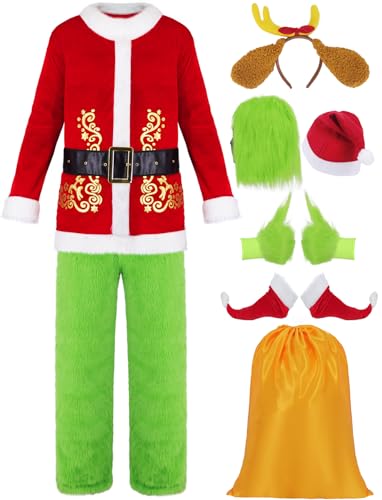 FOVER Grinch Kostüm 7-teiliges Grün Großes Monster Kostüm für Erwachsene Herren Cosplay Weihnachten Outfit Party Luxus set Uniform Wie der Grinch Monster Scary Maske Kostüm FR005LA von FOVER