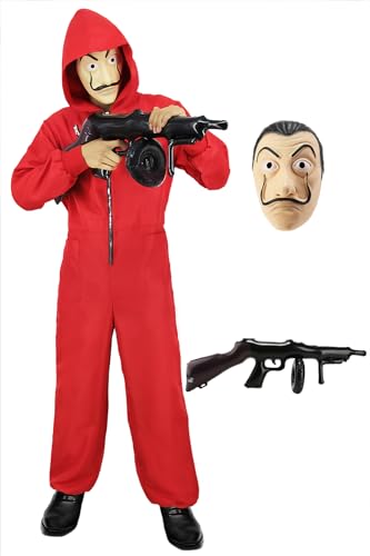 FOVER Haus des Geldes Kostüm Damen Herren Erwachsene Unisex Jumpsuit Set mit Dali Salvador Maske Roter Overall Partner Bankräuber Cosplay Outfit mit Zubehör für Karneval Fasching Halloween FR047XXL von FOVER