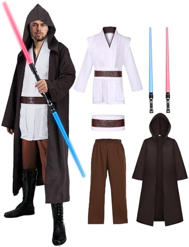 FOVER Jedi Kostüm für Herren mit Blau Lightsaber Obi Wan Kenobi Tunika Kapuzenmantel Outfit Umhang mit Kapuze Mittelalterlich Hoodies Jedi Robe Halloween Karneval Cosplay Set für Erwachsene FR022XLA von FOVER