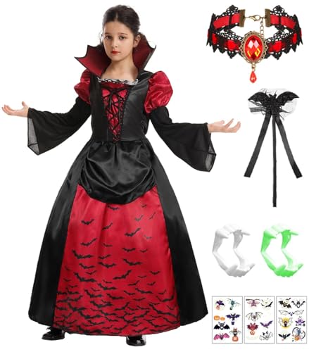 FOVER Vampir Kostüm Kinder Mädchen Dracula Kostüm Kinder Gothic Royal Vampirin Königin Cosplay Outfit mit Zubehör Halskette Zähne Halloween Karneval Mottoparty Dress Up Set FR031XL von FOVER