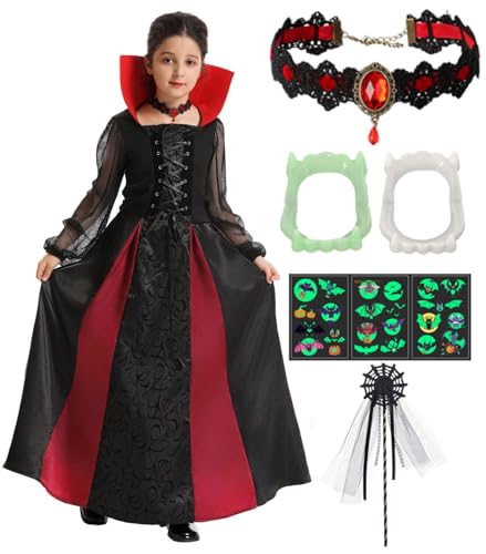 FOVER Vampir Kostüm Mädchen Dracula Kostüm Kinder Königliche Vampirin Königin Cosplay Kleid Halloween Karneval Mottoparty Dress Up Outfit mit Zubehör Zähne Halskette Aufkleber FR032XL von FOVER