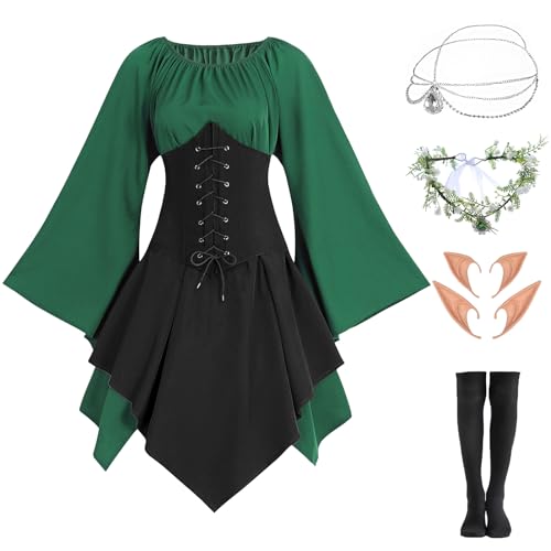 FOVER Mittelalter Gothic Kleidung Damen Traditionelles irisches Kleid Renaissance Grünes Kleider Karneval Halloween Kostüm Piraten Cosplay Outfit mit Kopf Kette Blumenkranz Elfenohren Socken FR033XXL von FOVER