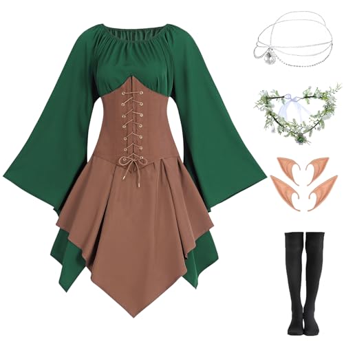 FOVER Mittelalter Gothic Kleidung Damen Traditionelles irisches Kleid Renaissance Grünes Kleider Karneval Halloween Kostüm Piraten Cosplay Outfit mit Kopf Kette Blumenkranz Elfenohren Socken FR034XL von FOVER