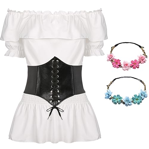 FOVER Mittelalter Renaissance Kostüme Hemd Damen Kurzarm Gothic Retro Kleidung Schulterfrei Bluse Karneval Kostüm Piraten Elfen Cosplay Outfit mit Blumenkranz für Fasching Halloween FR052XL von FOVER