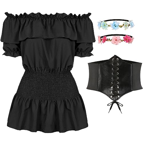 FOVER Mittelalter Renaissance Kostüme Hemd Damen Kurzarm Gothic Retro Kleidung Schulterfrei Bluse Karneval Kostüm Piraten Elfen Cosplay Outfit mit Blumenkranz für Fasching Halloween FR053XL von FOVER