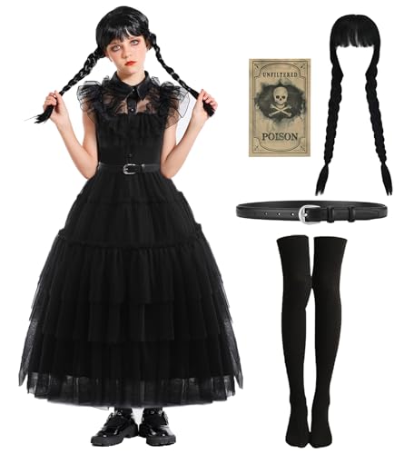 Wednesday Addams Kostüm Kinder Kleid Schwarzes Gotisch Kostüm Mädchen Mittwoch Familie Cosplay Kleider mit Aufkleber Perücke Socken Perückenkappe Karnevals Kostüme Outfit für Fasching Halloween 049XL von FOVER