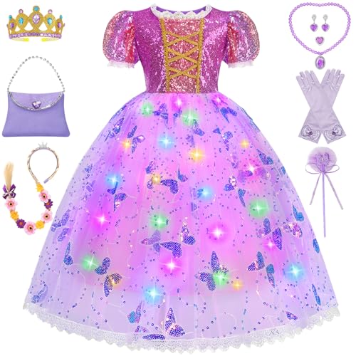 FOVER Prinzessin Kostüm Kinder Mädchen Rapunzel Lila LED Kleid Set mit Krone Faschings Karneval Cosplay Kostüm Geburtstag Party Puffärmel Leuchtendes Outfits mit Zubehör Zauberstab Ohrringe FR065XL von FOVER