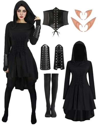 FOVER Renaissance Elfen Kostüm Damen Mittelalter Gothic Waldfee Kleid mit Kapuze Langarm Retro Vintage Kapuzenkleid mit Korsett Armschützer Elfenohren Overknee Socken für Karneval Halloween FR037XL von FOVER