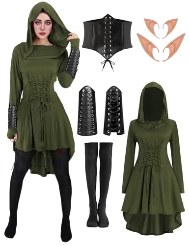 FOVER Renaissance Elfen Kostüm Damen Mittelalter Gothic Waldfee Kleid mit Kapuze Langarm Retro Vintage Kapuzenkleid mit Korsett Armschützer Elfenohren Overknee Socken für Karneval Halloween FR038XL von FOVER