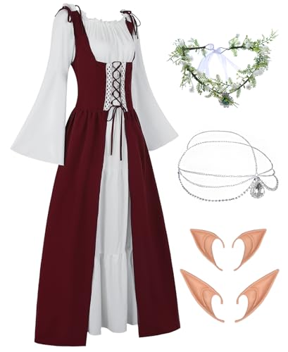 FOVER Renaissance Kostüm Gothic Kleidung Damen Mittelalter Renaissance Kleid Vintage Kleider Karneval Kostüm Piraten Cosplay Outfit mit Kopf Kette Blumenkranz Elfenohren Kniehohe Strümpfe FR059XL von FOVER