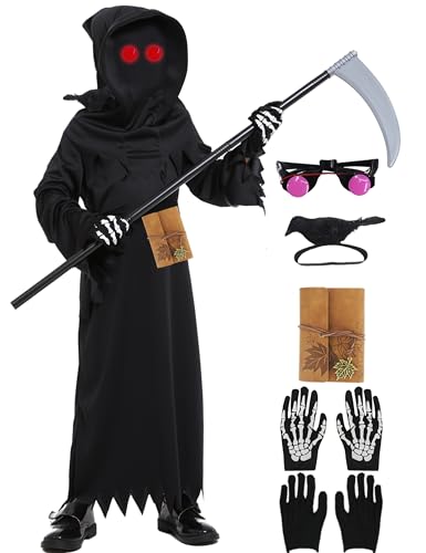 FOVER Sensenmann Kostüm Kinder Halloween Kostüm Jungen Grim Reaper Kostüme Set Glow in The Dark Phantom Kinder Kostüm für Halloween Fasching mit Krähe Sense Sensenmann FR061XL von FOVER