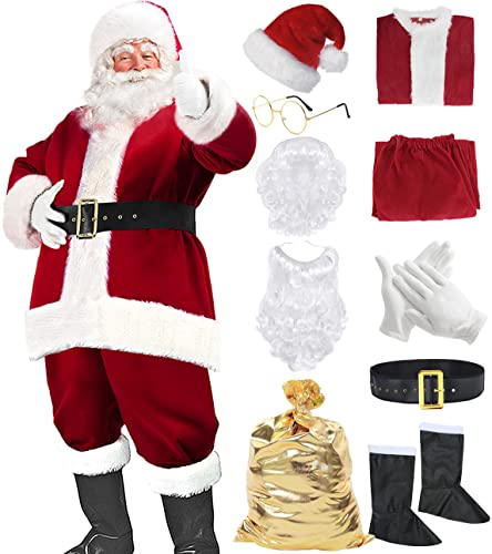 Fover Weihnachtsmann Kostüm für Männer 10-teiliges Nikolauskostüm Santa Claus Verkleidung für Weihnachten Samt Anzug Weihnachts Kostüm Rot Erwachsene mit Nikolausmütze Perücke Bart Deluxe set 03L von FOVER