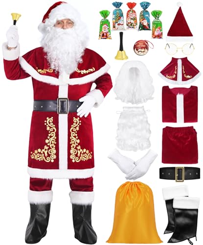 Fover Weihnachtsmann Kostüm für Männer 10-teiliges Nikolauskostüm Santa Claus Verkleidung für Weihnachten Weinrot Samt Anzug Weihnachts Cosplay Set 04XL von FOVER