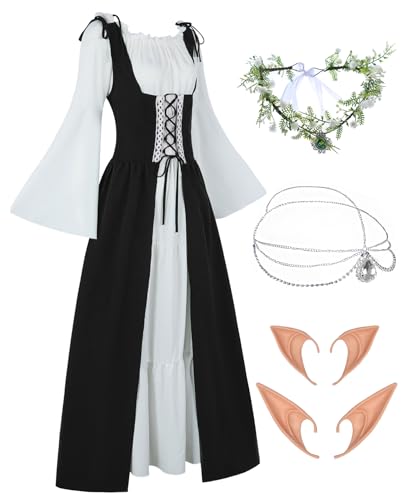 Gothic Kleidung Damen Mittelalter Renaissance Kleid Trompetenärmel Vintage Kleider Karneval Kostüm Piraten Cosplay Outfit mit Kopf Kette Blumenkranz Elfenohren Overknee Socken FR035L von FOVER