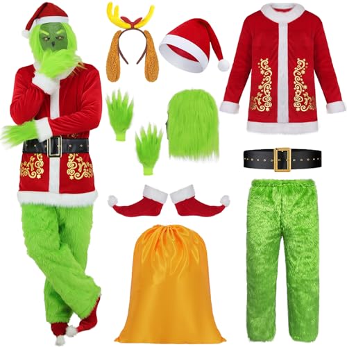 Grinch Kostüm 9-teiliges Grün Großes Monster Kostüm für Erwachsene Herren Cosplay Weihnachten Outfit Party Luxus set Uniform Wie der Grinch Monster Scary Maske Kostüm FR005M von FOVER