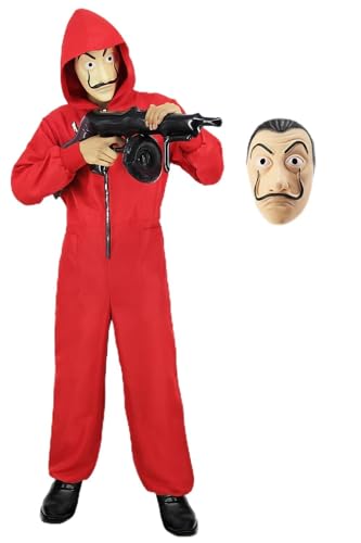 Haus des Geldes Kostüm Damen Herren Erwachsene Unisex Jumpsuit Set mit Dali Salvador Maske Roter Overall Partner Bankräuber Cosplay Outfit mit Zubehör für Karneval Fasching Halloween FR047S von FOVER