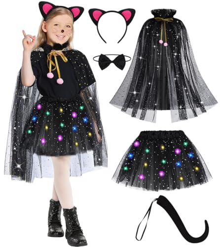 Katzenkostüm Kinder, 5 Stück Katzen Kostüm Mädchen mit Umhang Led Tutu Rock Glöckchen Fliege Katzenohren und Katzenschwanz Schwarz Katze Cosplay Outfit Tierkostüm für Fasching Karneval 3-8 Jahre von FOVER