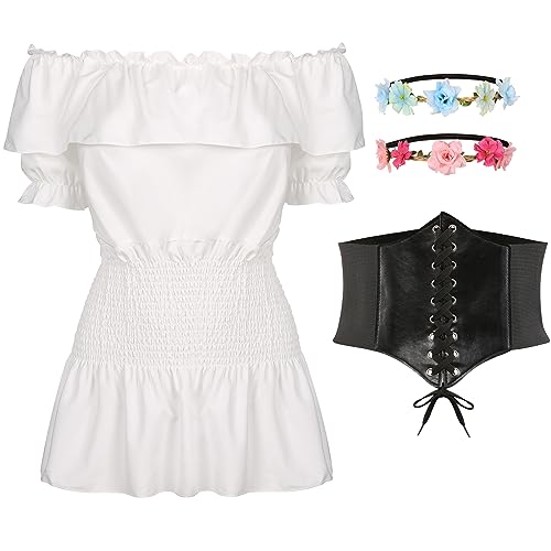 Mittelalter Renaissance Kostüme Hemd Damen Kurzarm Gothic Retro Kleidung Schulterfrei Bluse Karneval Kostüm Piraten Elfen Cosplay Outfit mit Blumenkranz für Fasching Halloween FR052M von FOVER