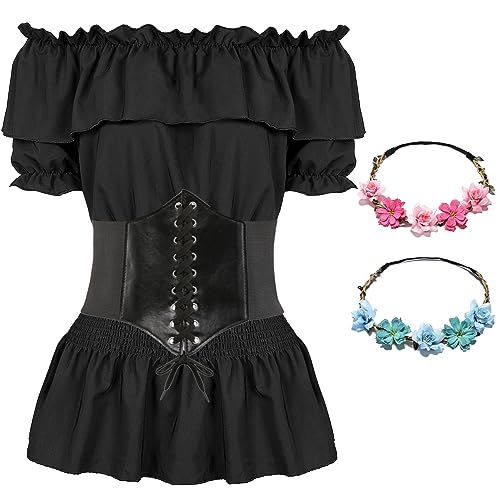 Mittelalter Renaissance Kostüme Hemd Damen Kurzarm Gothic Retro Kleidung Schulterfrei Bluse Karneval Kostüm Piraten Elfen Cosplay Outfit mit Blumenkranz für Fasching Halloween FR053L von FOVER