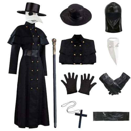 Pestdoktor Kostüm Damen Herren Erwachsene Pestarzt Cosplay Frauen Karneval Kostüm Mittelalter Steampunk Plague Doctor Outfit Pest Arzt Umhang mit Krähe Maske Zepter für Halloween Fasching 043-XXXL von FOVER