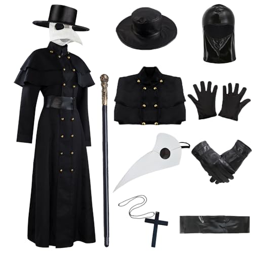 Pestdoktor Kostüm Damen Herren Erwachsene Pestarzt Cosplay Frauen Karneval Kostüm Mittelalter Steampunk Plague Doctor Outfit Pest Arzt Umhang mit Krähe Maske Zepter für Halloween Fasching Party 43XXXL von FOVER