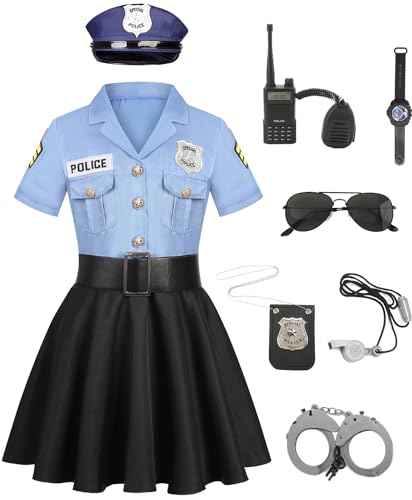 Polizist Kostüm Kinder Mädchen Polizei Kostüm Zubehör Polizistin Cosplay Outfit mit Zubehör Girls Police Ausrüstung Set Polizei Spiele Uniform mit Handschellen für Fasching Karneval Halloween FR050M von FOVER