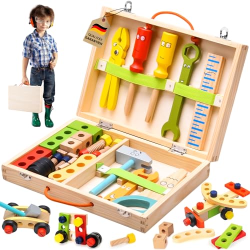 FOVHEE Werkzeugkoffer Kinder Spielzeug ab 3 Jahre,Kinder Holzspielzeug Montessori Spielzeug,Kinder Werkzeug Lernspiele,Werkzeug Kinder Weihnachten Geschenk Mädchen Junge Spiele ab 3 4 5 Jahre(34Pcs) von FOVHEE